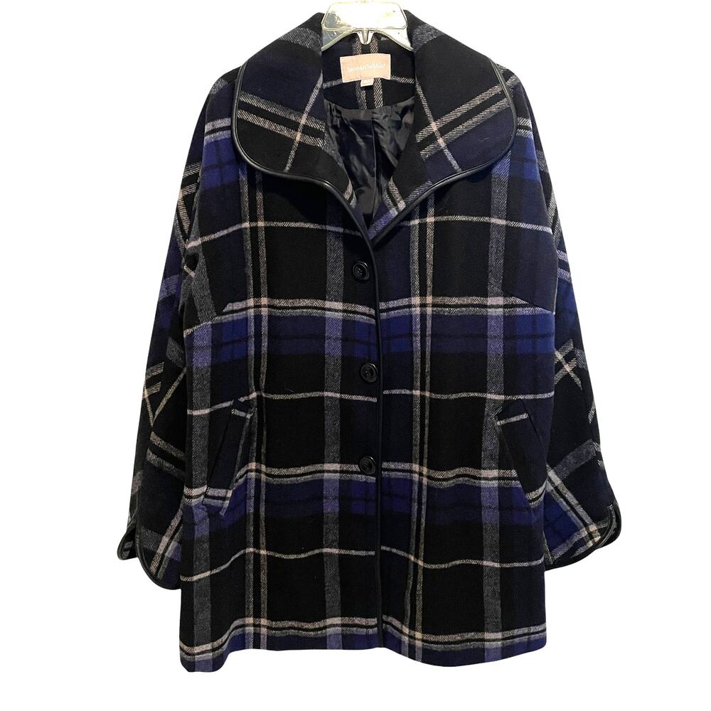 Woman Within Wool Blend Coat Womens Size 16W Black & Blue Plaid Outerwear 16 XL - Picture 2 of 7